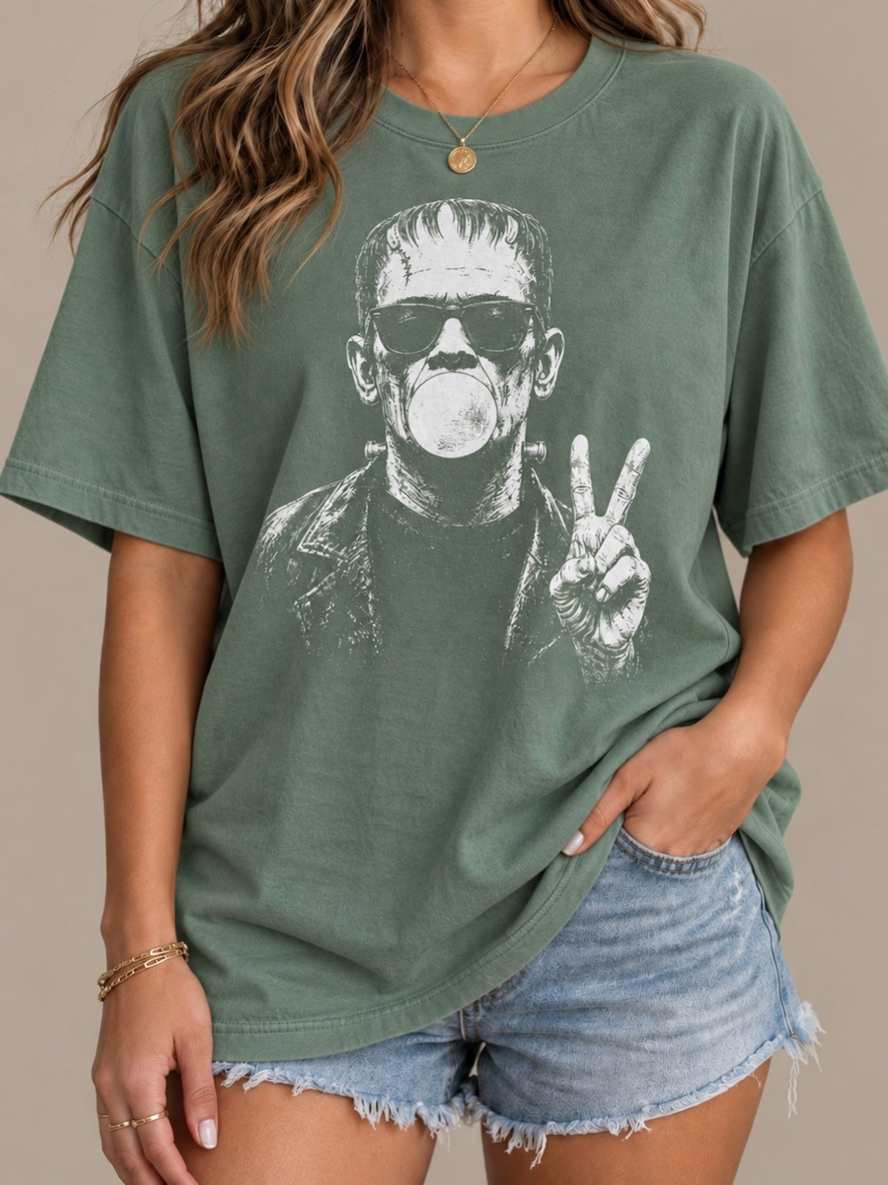 Frankenstein Bubble Gum Peace Spooky Season Edgy Statement Womens Graphic Tee